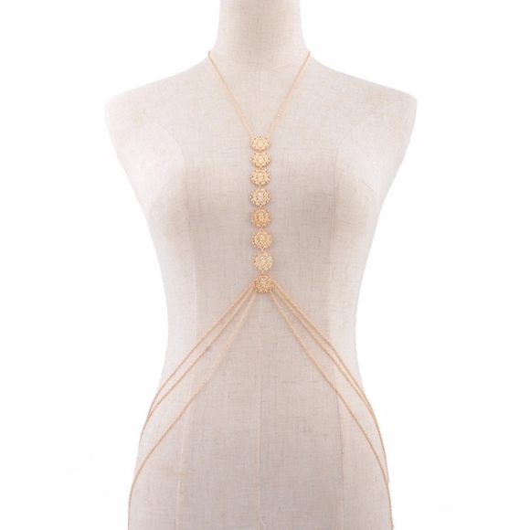 Gold Disc Body Chain Triple Layer Wrap Necklace - Picture 2 of 8